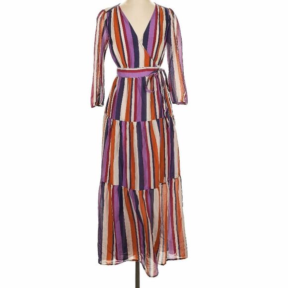 XIRENA Tilda Silk Cotton Blend Multi-Color Striped Long Sleeve Wrap Dress XS - Picture 8 of 12